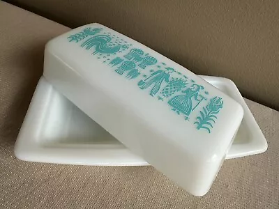 Vintage Pyrex Butter Dish - Turquoise Amish Print • $61