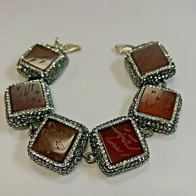 Sterling Silver 925 Bracelet With Rhinestones & Engraved Agate Islamic 8  Long • $149