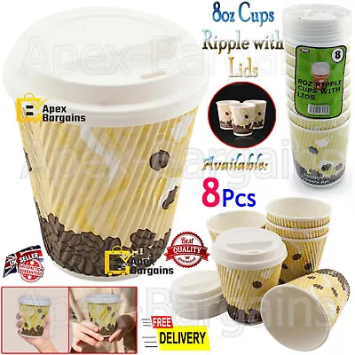 8/64pcs Ripple Cups + Lids Paper Disposable Tea Coffee Takeaway Hot Drinks - 8oz • £6.45