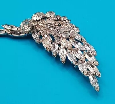 Vintage Clear Rhinestone Feather Leaf Brooch Pin 3.5  Costume Estate Jewelry  • $28