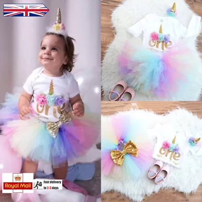 Newborn Baby Girls 1st Birthday Unicorn Romper Tops Tutu Skirt Outfits Clothes • £10.99