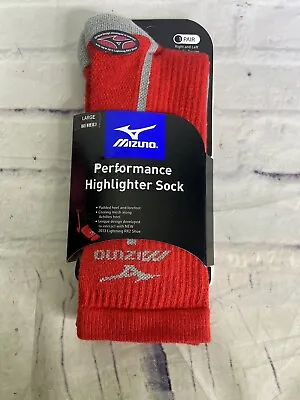 Mizuno Performance Highlighter Crew Socks 2 Pairs Red Gray Mens Size L • $13.50