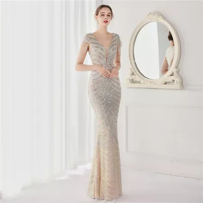 Long Formal Evening Party Dress Sequins Mermaid Gown Wedding Pageant V-neck • $72.97