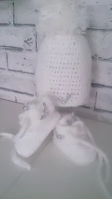 Baby Crochet Shoes Your Baby's Name Handmade Wool Trainers Silver White  • £9