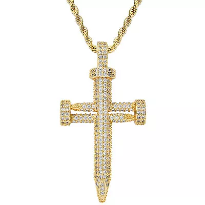 Men's 14k Gold Plated Hip Hop Cubic Zirconia Large Nail Cross Pendant Necklace • $26.80