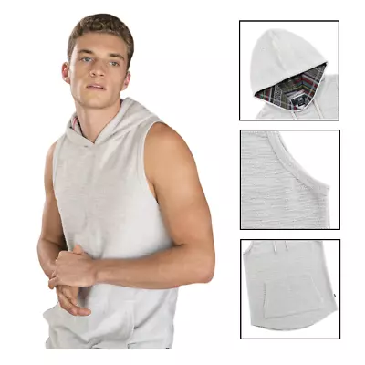 Men Solid Kangaroo Pocket Tank Top T-Shirt With Hood Light Grey Christmas Gifts • $26.99