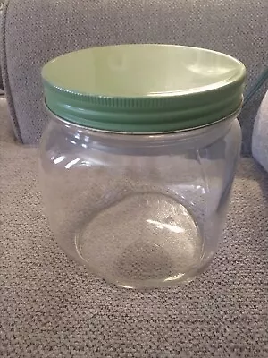 Vintage Hoosier Glass Coffee / Cookie Jar Ribbed W/ Green Lid Depression Era • $20