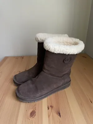 Michael Kors Brown Suede Leather Winter Pull On Boots Sheep Fur Lining Women’s 8 • $34