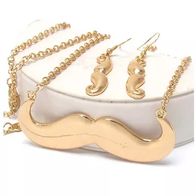 Metal Mustache Pendant And Long Chain Necklace And Earrings Set • $16.95