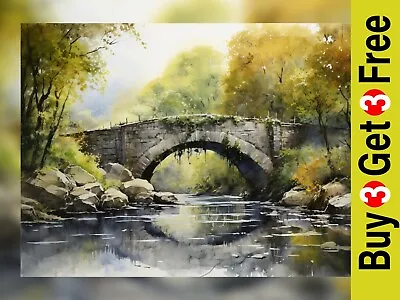 Nostalgic Charm: Old Bridge Over River Watercolor Print 5 X7  • £4.99