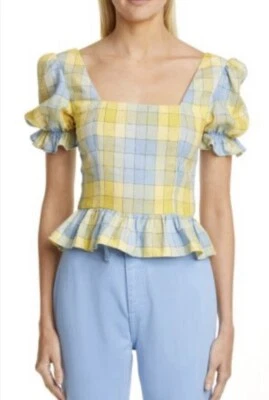$34.97 • Buy Staud Checked Linen Blend Dock Puff Sleeve Top. Size 0 $175