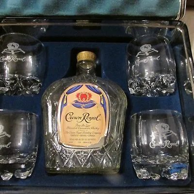 Vintage Crown Royal Hinged Purple & Gold Tin Gift Box - 4 Glasses & Empty Bottle • $59.95