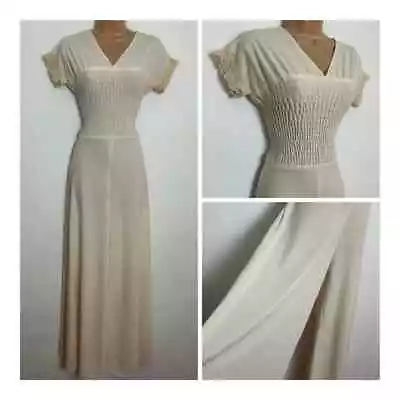 Vintage 70s Cream Shirred Bodice Lace Cuff Wide Lab Palazzo Jumpsuit Size 10-12 • £68