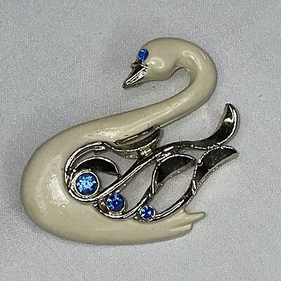 Vintage Gerry’s Enamel White Swan Blue Rhinestone Brooch 2” • $20