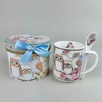 Vintage Owl Gift Set - Ceramic Coffee Tea Cup Mug & Spoon Decorated Box Cute! • $10.80