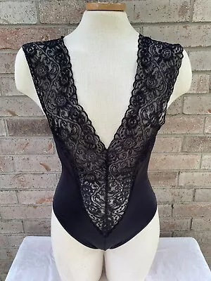 Vintage Lace Leotard Plunge Sheer Black 90’s 80’s Teddy 32 Lily Of France USA • $34.88