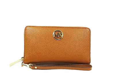 MICHAEL KORS Fulton Pebbled Luggage Brown Leather Wristlet Wallet • $55