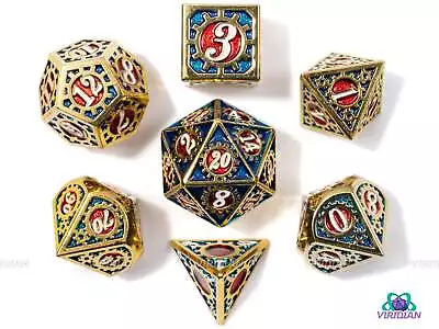 Gilded Gears | Gold With Teal And Red Metal Dice Set (7) | Dungeons And Dragons • $23.25