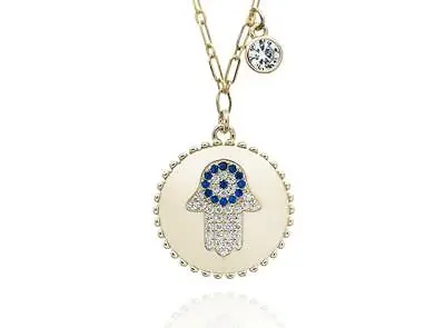 18k Yellow Gold Sterling Silver Blue & White Sapphire Hamsa Hand Of God Necklace • £66.76