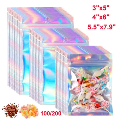 100/200 Resealable Holographic Mylar Foil Bags Zip Lock Pouch Clear Front 3 Size • $15.89