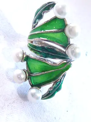 RARE Plique A Jour Translucent GREEN Enameling AKOYA PEARL STERLING RING SZ 6 • $45