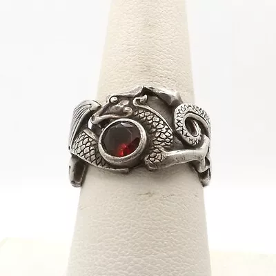 Sterling Silver Natural Garnet Chinese Dragon Cigar Band Ring Vintage Sz8 6gr • $141.55