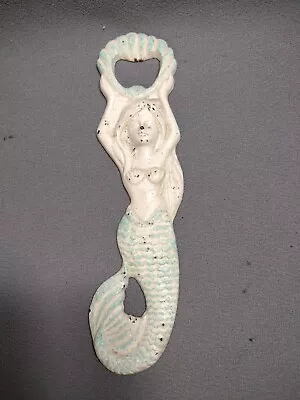 Cast Iron 8  Mermaid Bottle Opener White Blue Nautical Beer Soda Opener Beach • $9