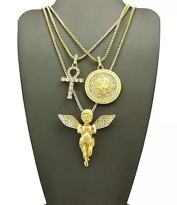 Hip Hop Angel Ankh Medusa Pendant 24 27  Box Chain 3 Necklace Set • $32.99