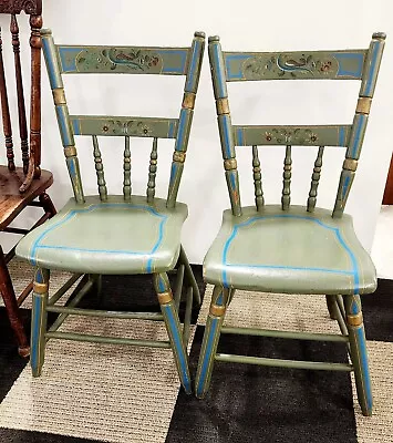 Antique Tole Painted Wooden Spindle Thumb Back Side Chairs Hand Painted • $225