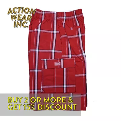 Shaka Mens Casual Cargo Shorts 5 Pocket Active Drawstrings Plaid Shorts Hip Hop • $17.95