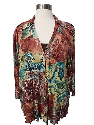 RQT Woman Brown Turquoise Floral Button Blouse 2X  Brown Shell Bell Slv Stretch  • $15.97