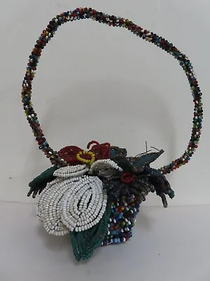 Vintage Seed Bead Flowers In Beaded Basket With Hoop Handle • $14.87