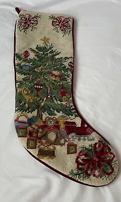 Vintage Needlepoint Christmas Stocking Tree Toys Teddy Bear Red Velvet  • $22.77