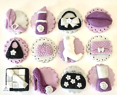 12 Edible Lilac Black  Shoes Handbags Makeup Fondant Cake Toppers Girl Birthday • £12.99