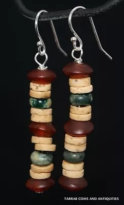 Ancient Roman Glass & Egyptian Carnelian & Mummy Bead Earrings; 300 Bc - 100 Ad  • $175