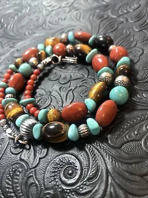 (#51) 19” Vintage Native American Bench Bead Gemstone 925 Turquoise Coral Tiger • $76