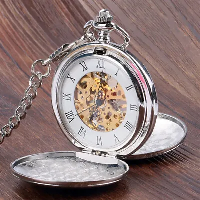 Smooth Double Hunter Skeleton Mechanical Pocket Watches Hand Wind Watches Luxury • $20.89