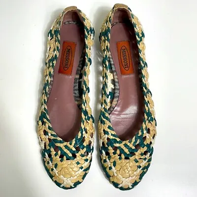 Missoni Dark Green Tan Woven Leather Ballet Flats Size 37 US 6.5 • $44.97