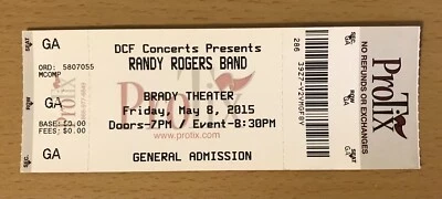 $4.99 • Buy 2015 Randy Rogers Band Brady Theater Tulsa Oklahoma Concert Ticket Stub