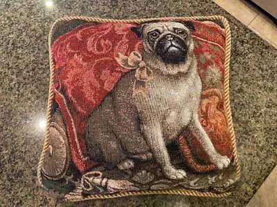 PUG PILLOW Sweet Puppy Tapestry Dog Pillow 14  Throw Gold Trim Velvet Back • $31.99