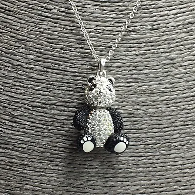 Silver & Black Finish Cute Sparkly Diamante Articulated Panda Necklace • £12.99