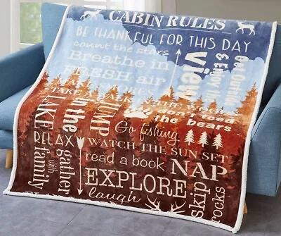 CABIN RULES ARTIST DESIGN FLANNEL SHERPA LUXURY SOFT THROW BLANKET 50 X 60 Inch • $39.95