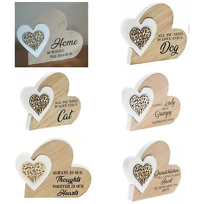 SENTIMENT WOODEN DOUBLE HEART BLOCK PLAQUES ORNAMENT BIRTHDAY GIFT Present LOVE • £7.95