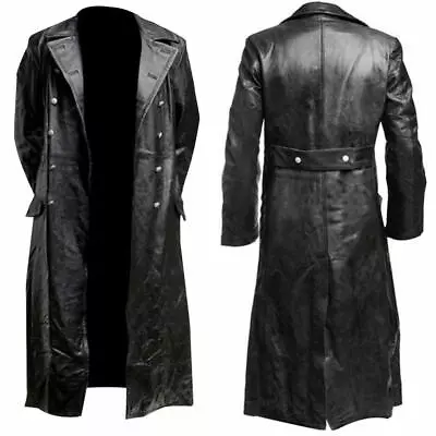 Men's German Classic Military Uniform Officer Black Real Leather Trench Coat • $56.49