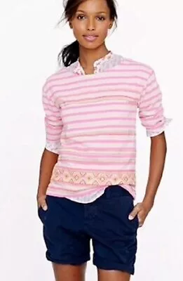 J.Crew Stitchwork Stripe W Embroidery Elbow Short Sleeve Cotton Top In Multi   L • $16
