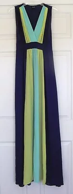 Blue & Lime OLIAN Maxi Maternity Dress Deep V Neckline Lined Pockets M-Tall • $30