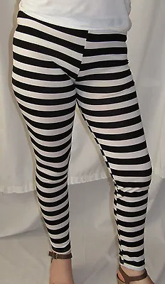 Red Pink Black White Striped Leggings S M L XL O7 • $12.44