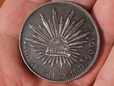 MEXICO Republic 1895 Zs FZ 8 Reales Silver Coin XF+  CAP AND RAYS  Nicely Toned • $75