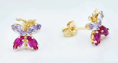 TANZANITE & RUBY BUTTERFLY STUD EARRINGS 14K GOLD - MADE IN USA - New With Tag • $3.25