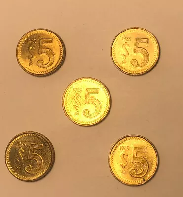 MEXICO 1985- $5 PESOS Set Of Five BRASS COINS • $11.95